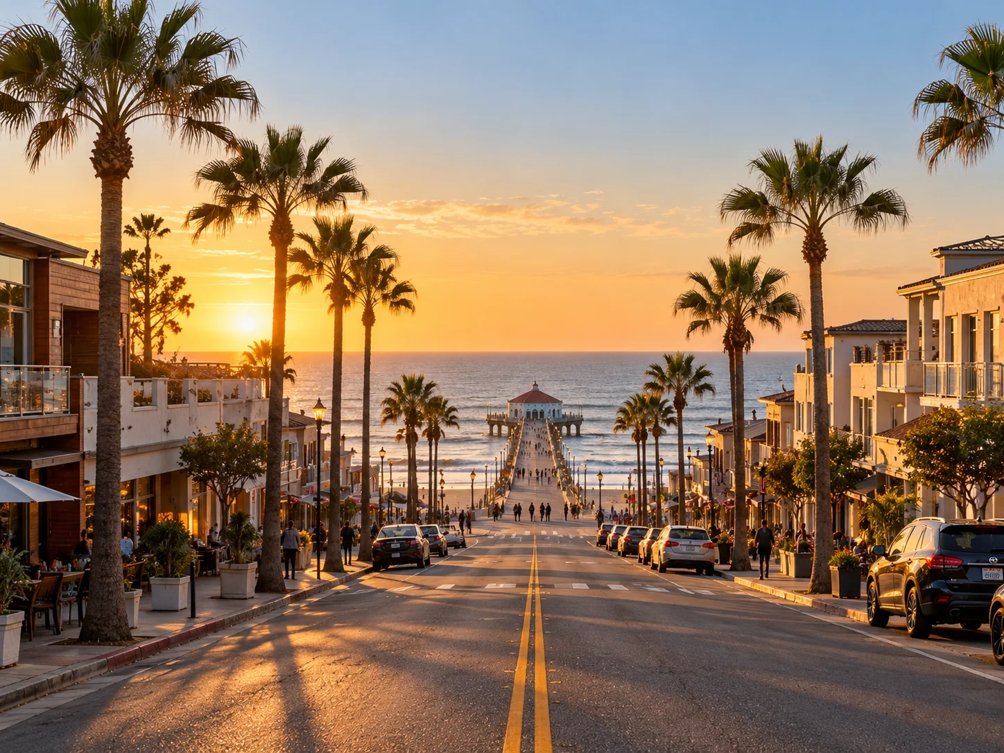 Manhattan Beach Boulevard sloping west through downtown Manhattan Beach toward the pier and the Pacific