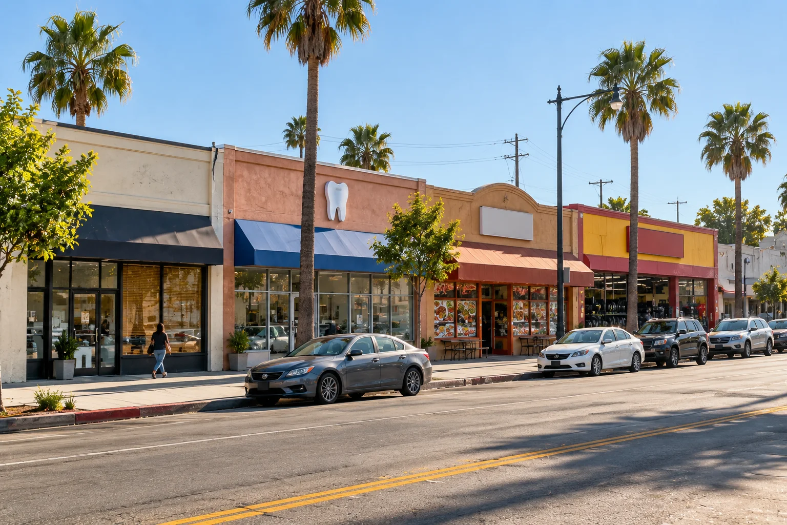 SEO Agency In Maywood, CA 2 Small-business storefronts with English and Spanish signs on Atlantic Boulevard in Maywood, California