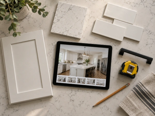 Before-And-After Project Pages: The Highest-Converting Content A Remodeler Can Publish 1 Tablet on a kitchen counter showing a remodeling project page beside quartz and cabinet door samples