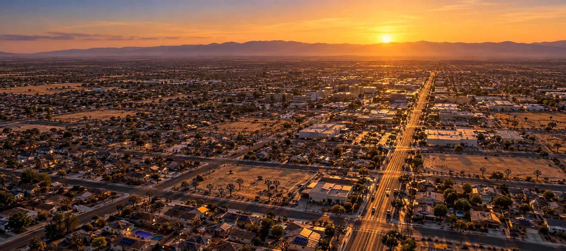 Aerial view of Lancaster, CA's 1-mile street grid at golden hour, looking east toward Sierra Highway and the San Gabriel Mountains