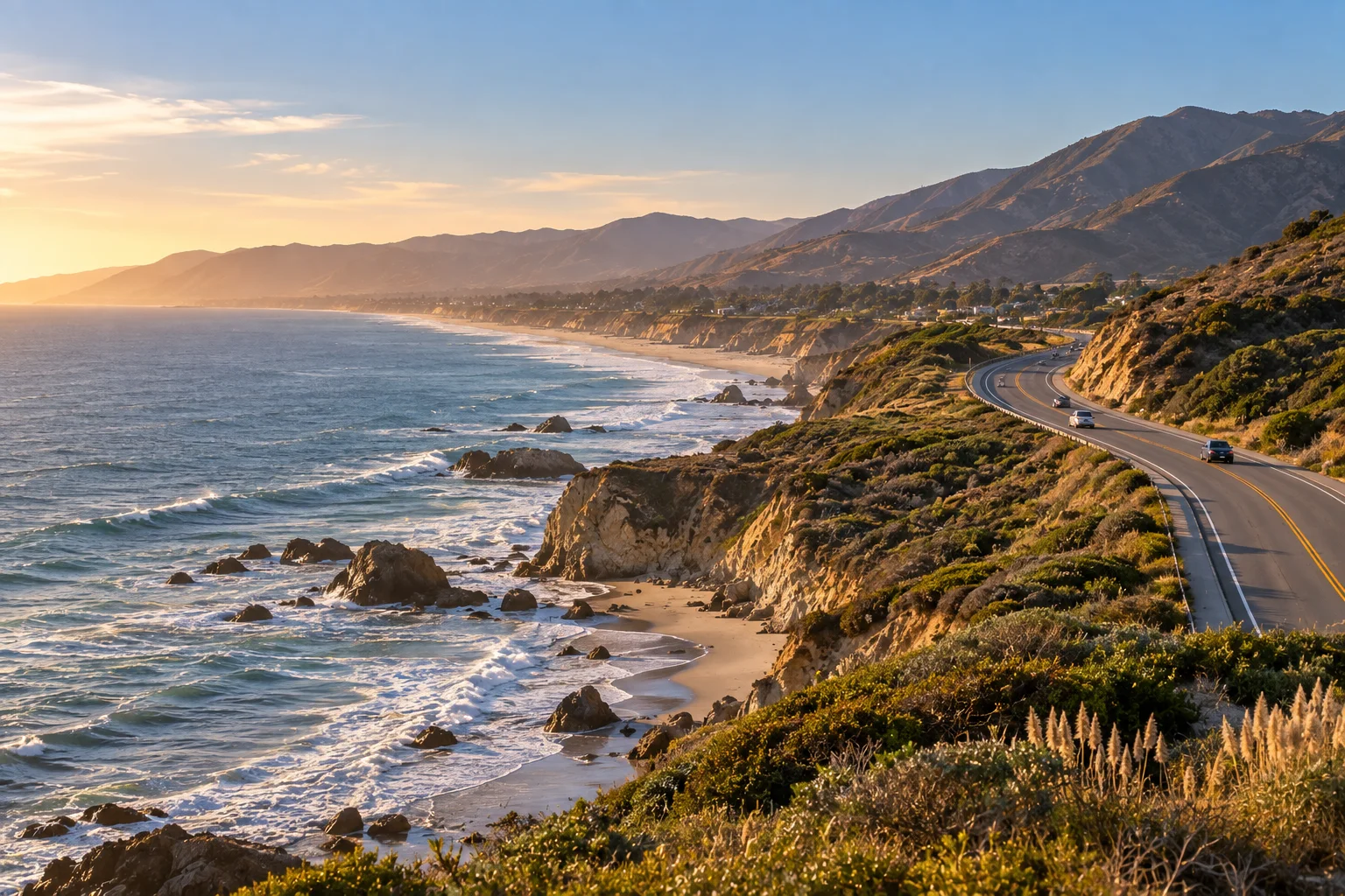 Pacific Coast Highway curving along the ocean bluffs in western Malibu, CA, between Point Dume and Zuma Beach, in late afternoon light