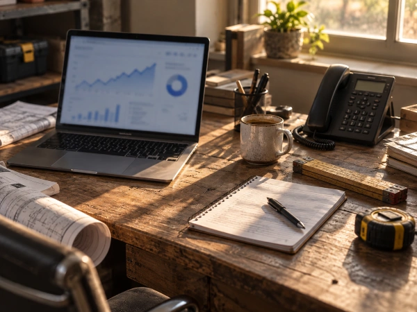 Laptop showing rising website traffic beside a remodeler's desk phone that is not ringing