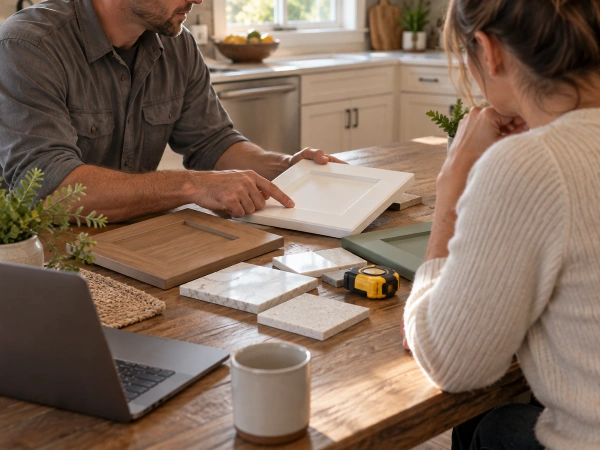 Remodeler going over finish samples with a homeowner at a kitchen table
