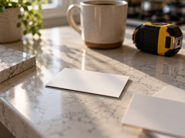 Three remodeling contractor business cards on a kitchen counter, one in focus