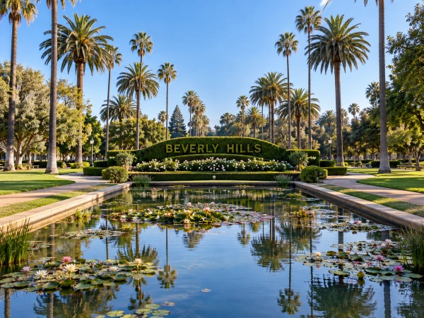Beverly Gardens Park lily pond and Beverly Hills sign on Santa Monica Boulevard