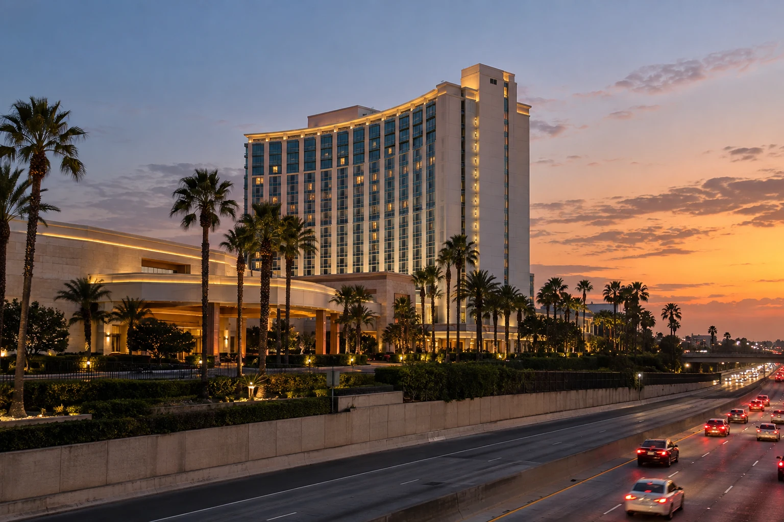 Commerce Casino and hotel tower on Telegraph Road in Commerce, CA at dusk