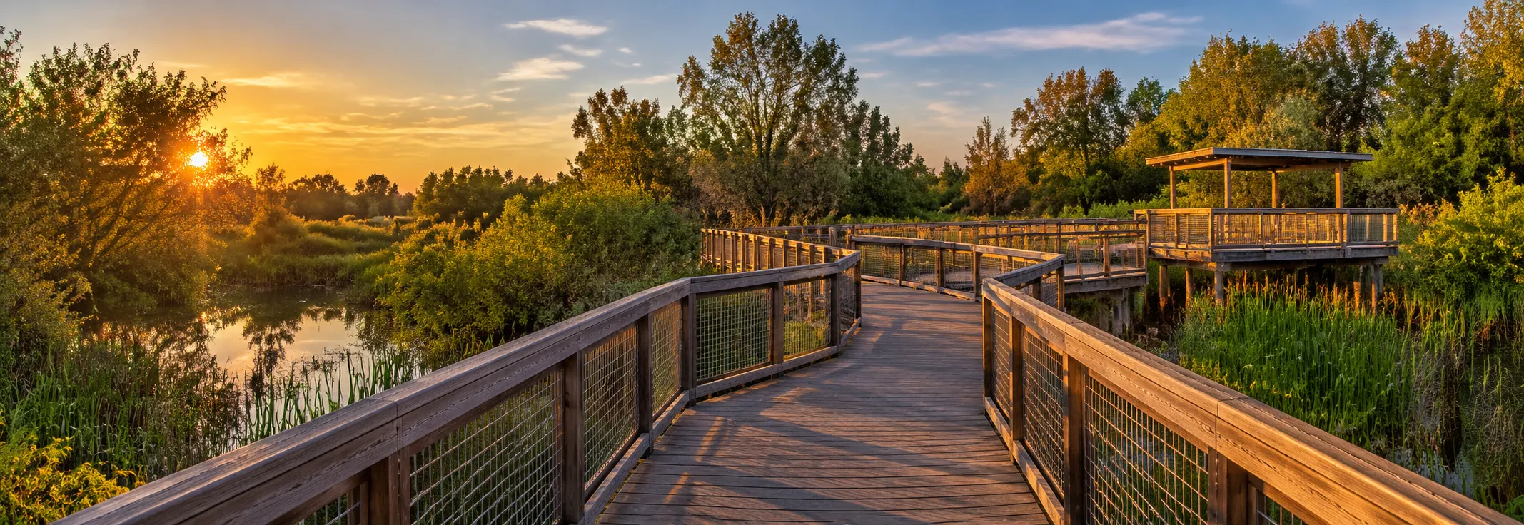 Willows and the overlook deck at the Gardena Willows Wetland Preserve in Gardena, California
