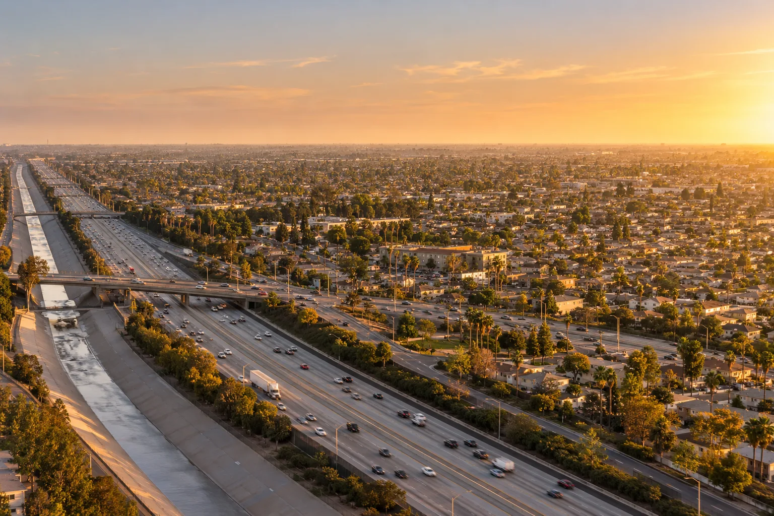 Panoramic view over the 605 Freeway at Carson Street toward Hawaiian Gardens, California