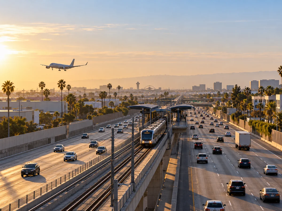 Panoramic view of the 105 Century Freeway and the Metro C Line light rail running in its median through Hawthorne, California, toward LAX