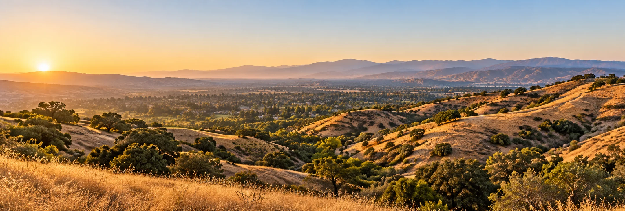 Rolling golden hills and oak groves of the Upper Las Virgenes Canyon Open Space Preserve on the northern edge of Hidden Hills, California
