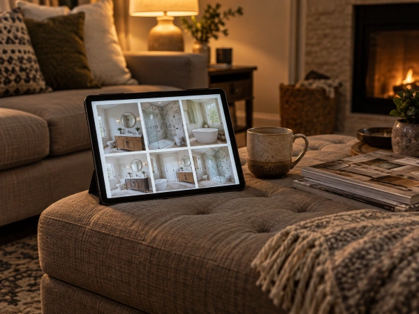 Homeowner browsing bathroom remodel ideas on a tablet, still months from hiring anyone