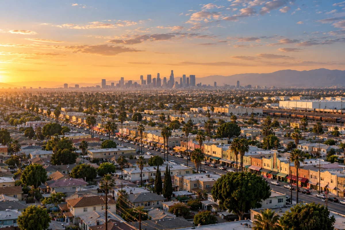 Elevated view across Huntington Park, California toward the downtown Los Angeles skyline at golden hour