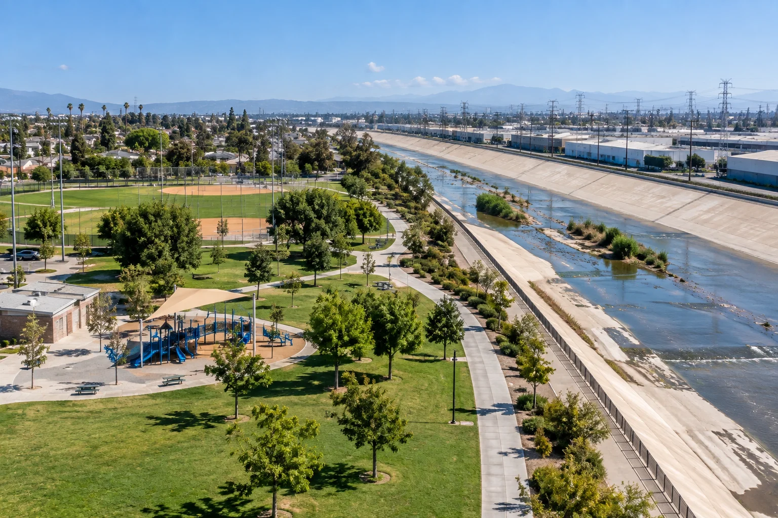 Maywood Riverfront Park beside the Los Angeles River channel in Maywood, California