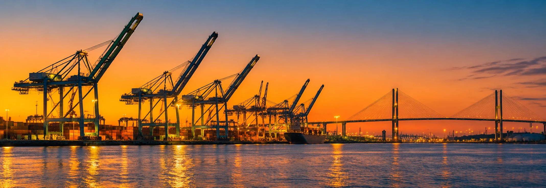 Container cranes at the Port of Long Beach at dusk with the Long Beach International Gateway bridge behind them