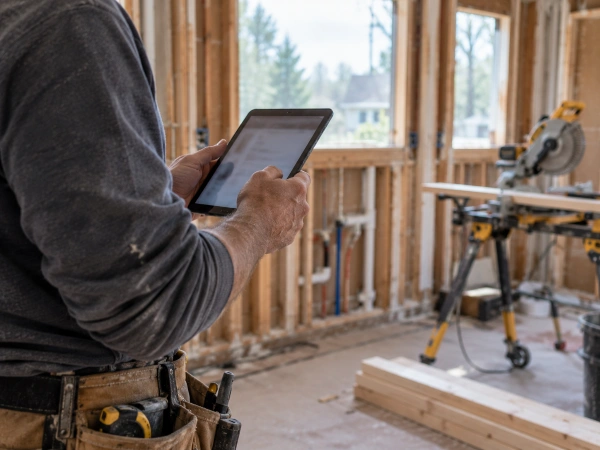 Google Ads For Remodelers: How To Book $50K+ Projects, Not $800 Repairs 2 Remodeling contractor checking a tablet on an active kitchen job site