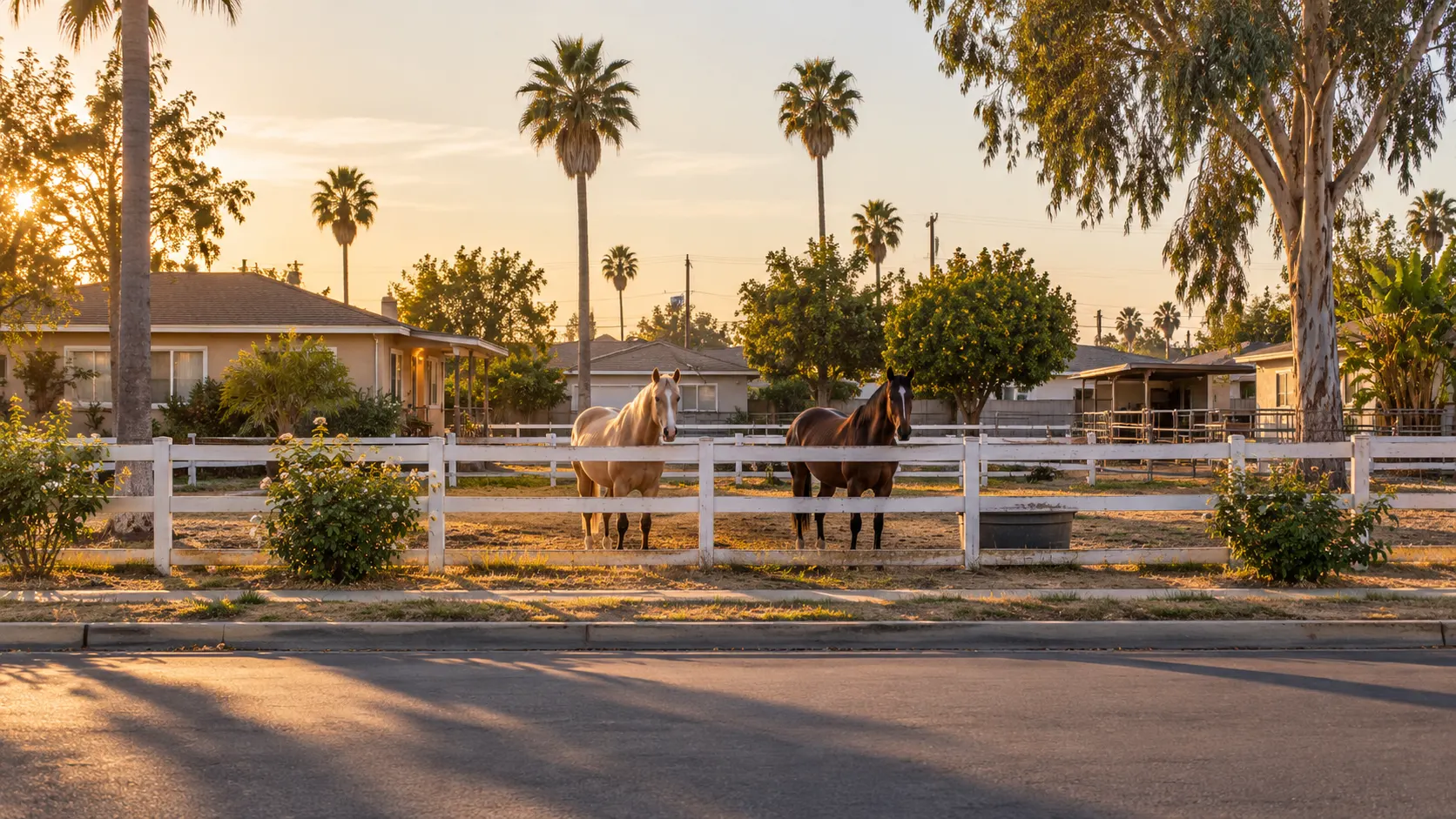 Horses behind ranch fencing on a residential street in Richland Farms, the equestrian neighborhood of Compton, CA