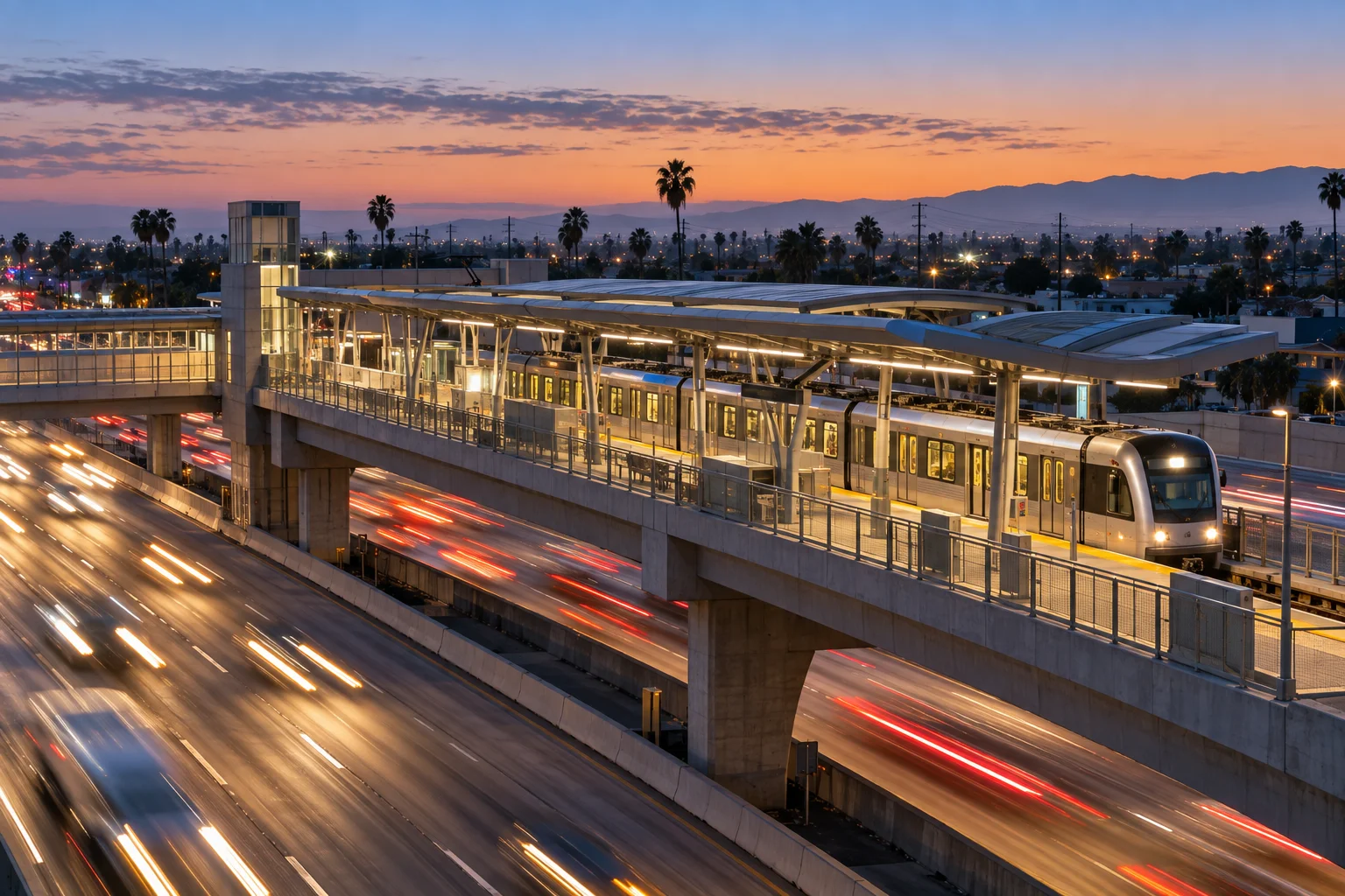 Lynwood Metro C Line station above Long Beach Boulevard and the I-105 in Lynwood, CA