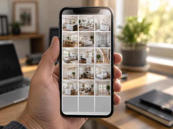 Before-And-After Project Pages: The Highest-Converting Content A Remodeler Can Publish 2 Phone screen loading a remodeling photo gallery, bottom rows of project thumbnails still gray
