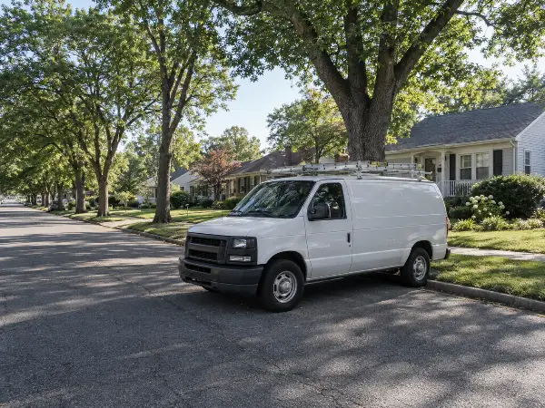 Contractor van parked on a small town street where local SEO ranks faster