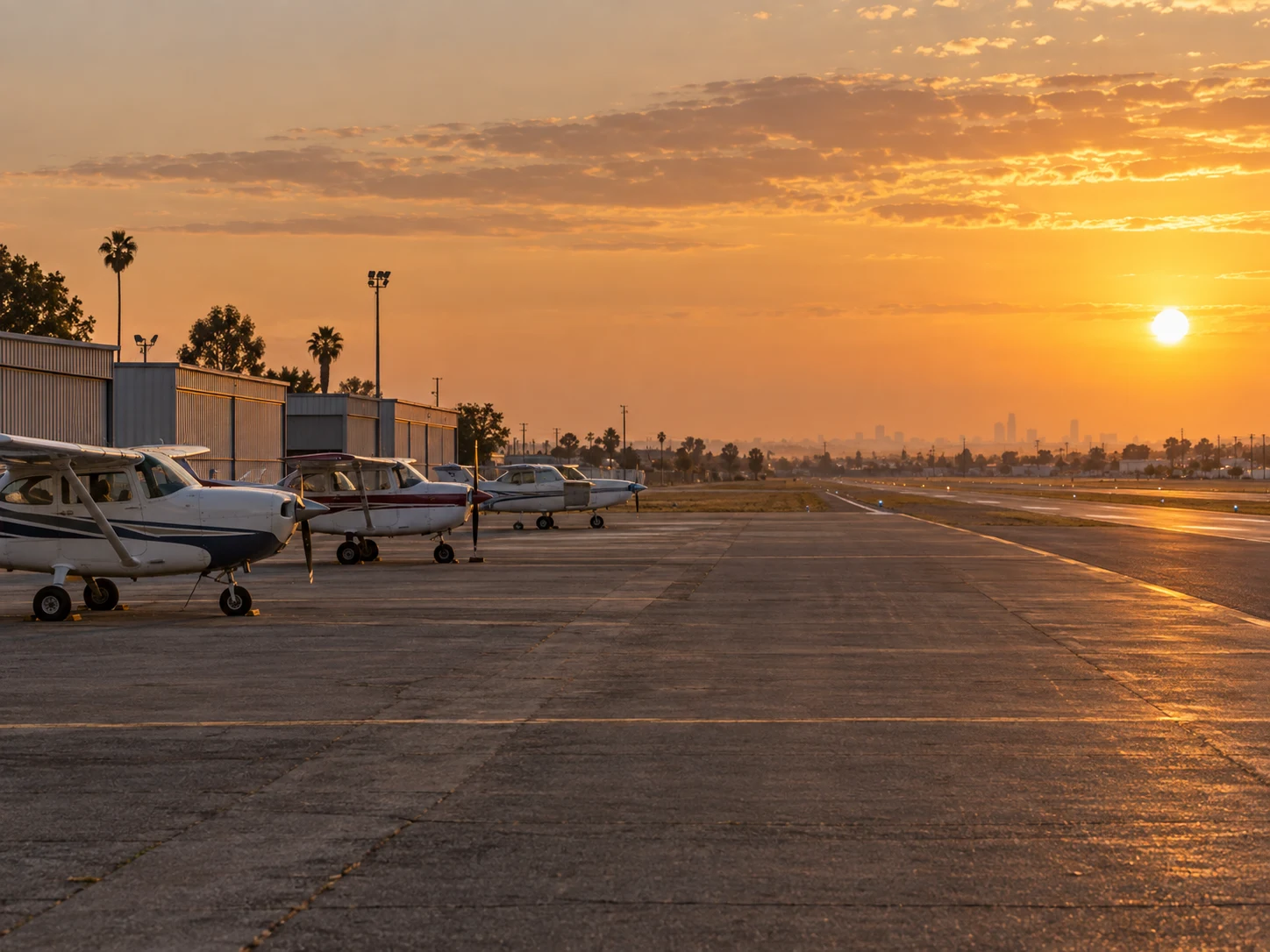 Small propeller planes on the apron at Compton/Woodley Airport in Compton, CA at golden hour