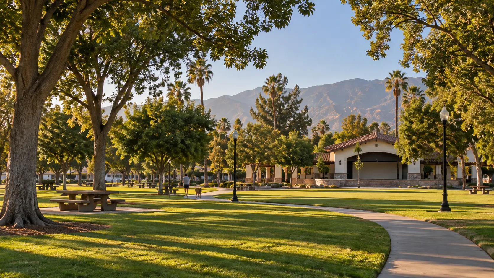 Covina Park lawn and shade trees in downtown Covina, California
