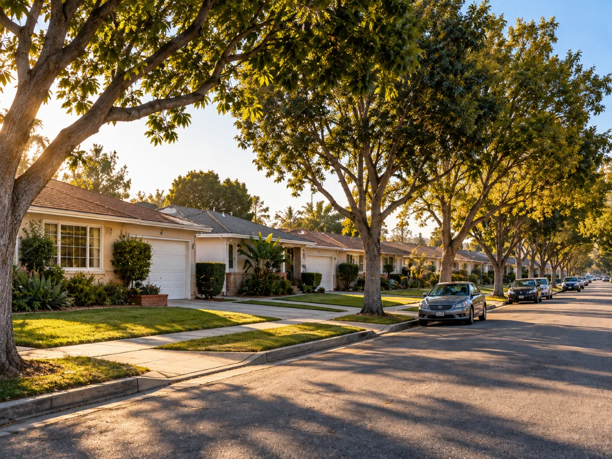 A quiet residential street of mid-century single-story homes in the Hollyglen neighborhood of Hawthorne, California