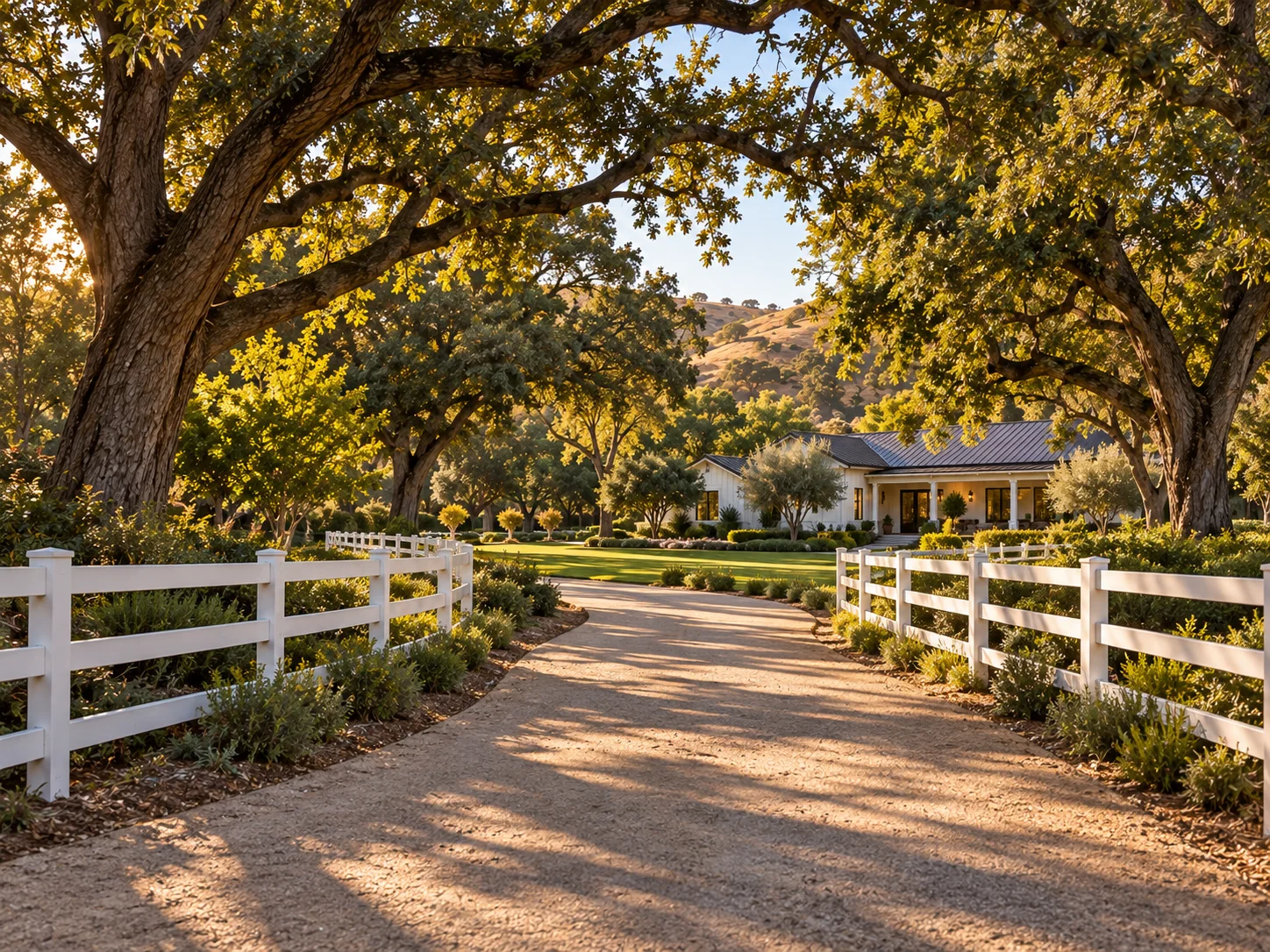 Long private driveway lined with white rail fencing and mature oaks leading to a ranch-style estate in Hidden Hills, California