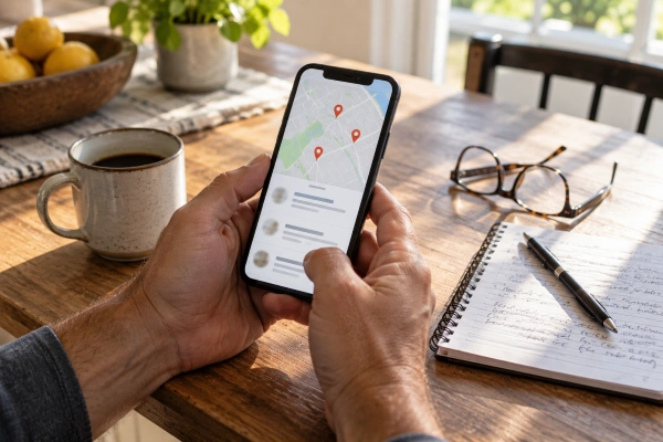Homeowner comparing local remodelers on a phone map at her kitchen table