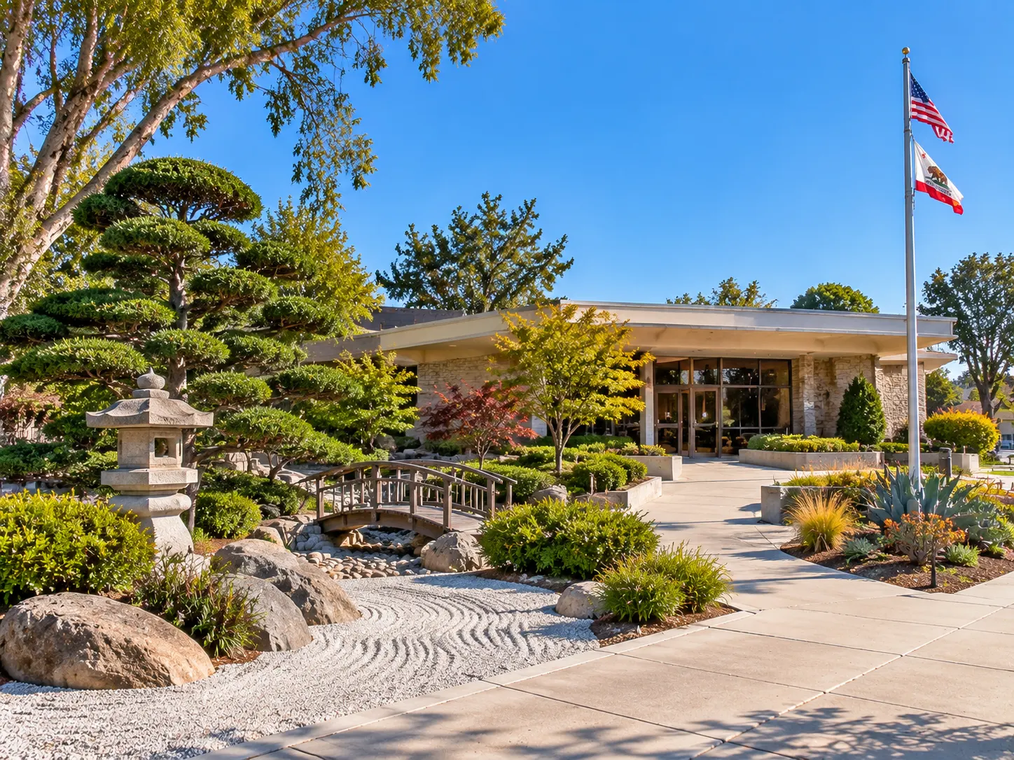 Lomita City Hall and the Takaishi Japanese Garden on Narbonne Avenue in Lomita, California