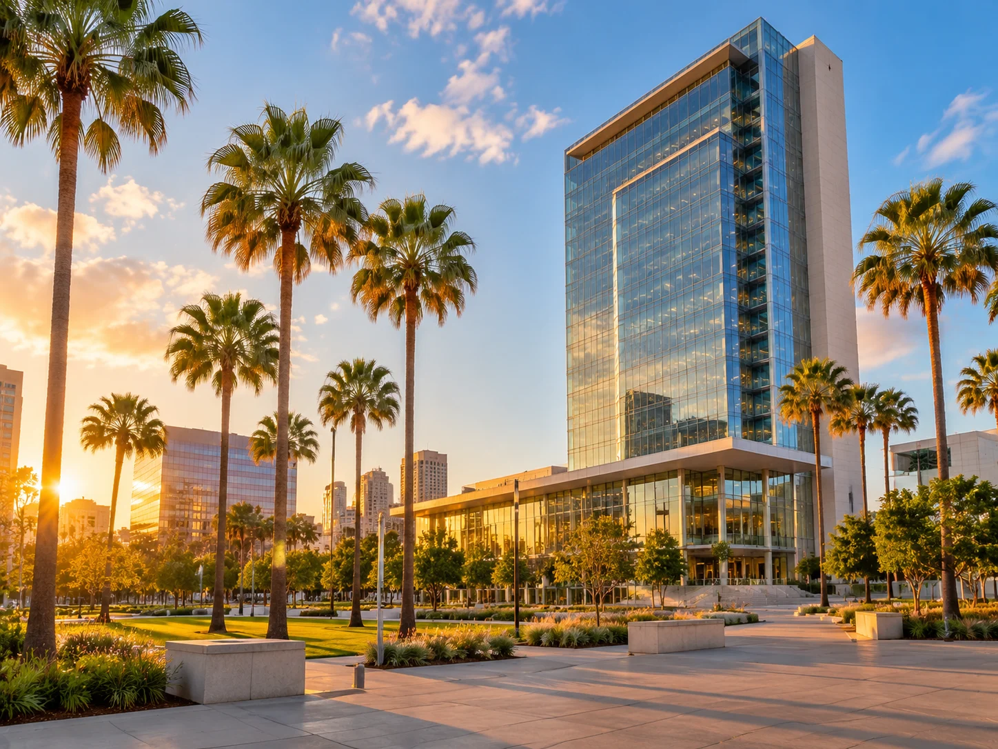 Long Beach City Hall and the Civic Center plaza on Ocean Boulevard in downtown Long Beach, California