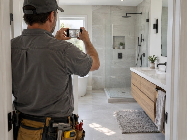 Before-And-After Project Pages: The Highest-Converting Content A Remodeler Can Publish 3 Remodeler photographing a finished bathroom on a phone from the doorway for a Google Business Profile