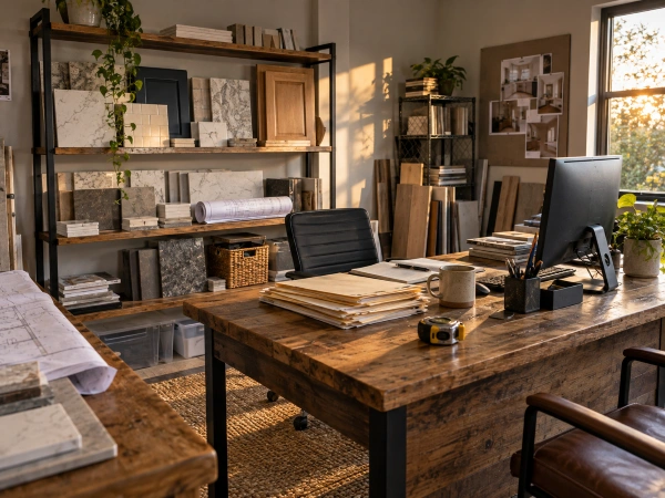 Google Ads For Remodelers: How To Book $50K+ Projects, Not $800 Repairs 3 Remodeling company office desk with monitor, job folders and material samples