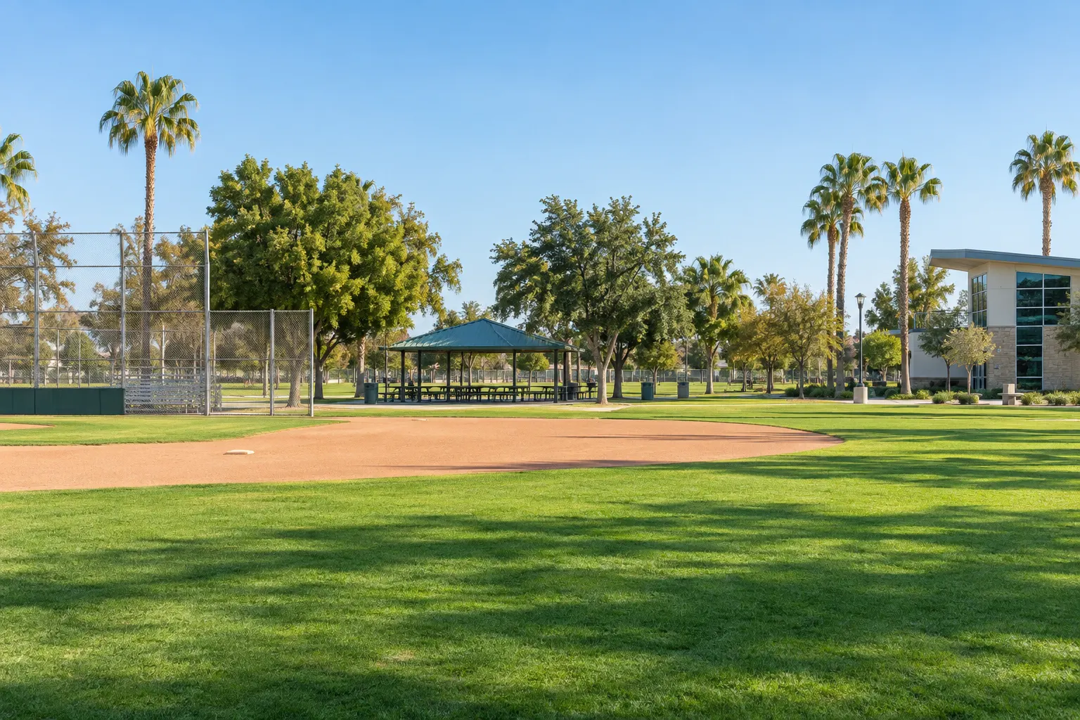 Rosewood Park ball field, picnic shelter and community center in Commerce, CA
