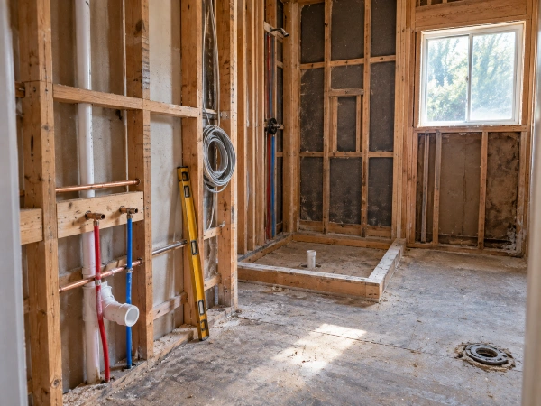 Gutted bathroom with exposed wall framing and rough plumbing before a remodel