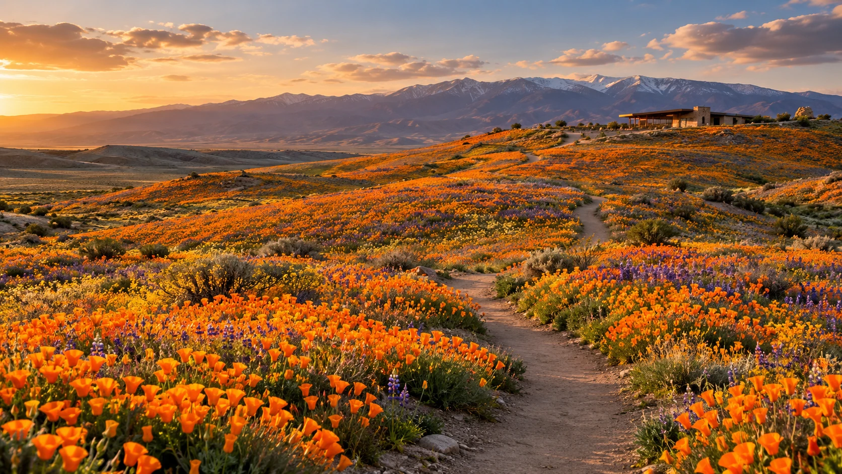 Orange poppies in bloom across the hills of the Antelope Valley California Poppy Reserve on Lancaster Road in Lancaster, CA