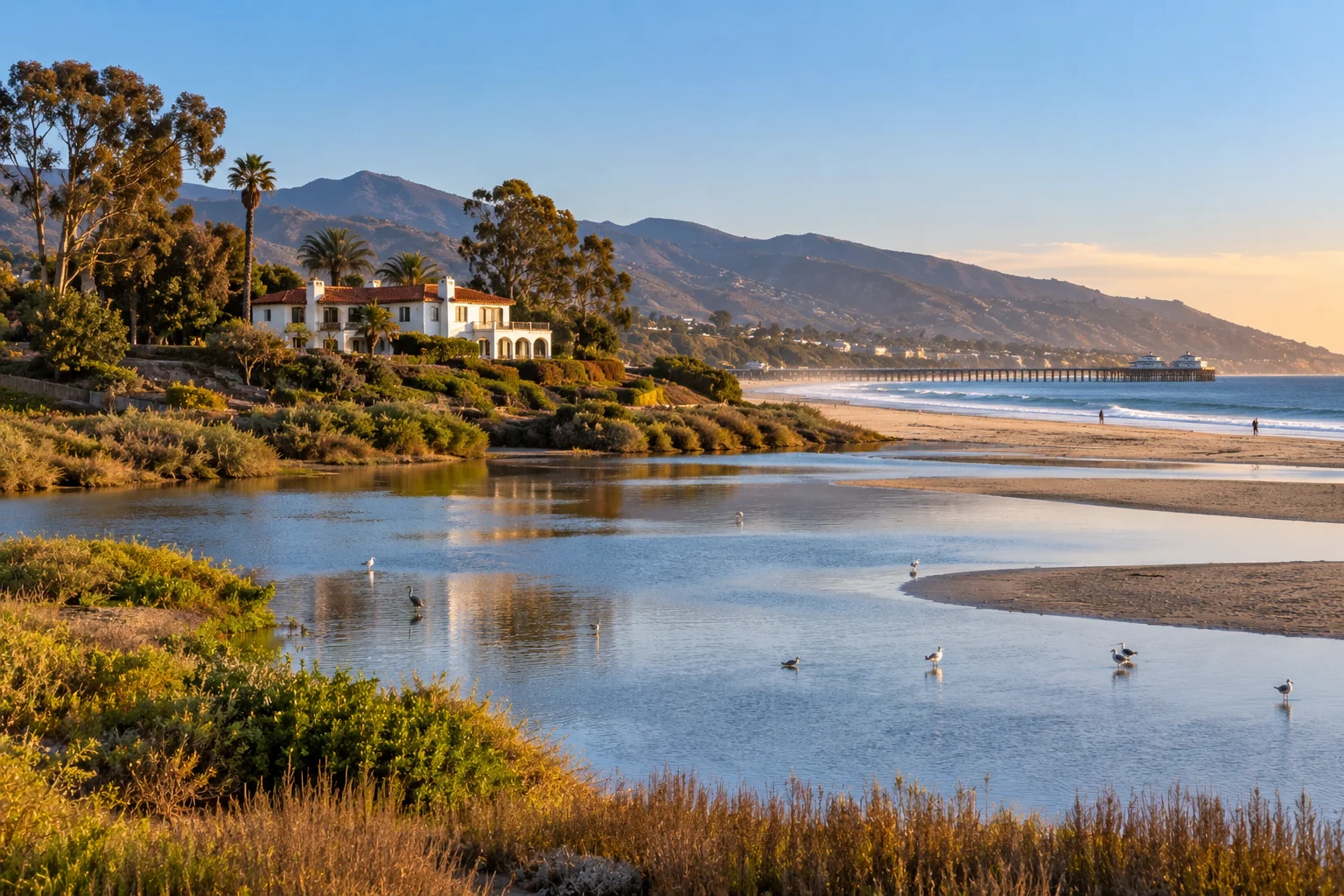 Malibu Lagoon State Beach and the Adamson House in Malibu, CA, with Surfrider Beach and the Malibu Pier behind them