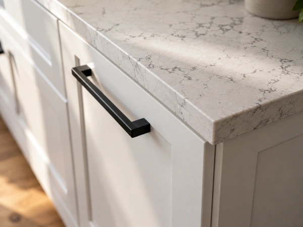 Before-And-After Project Pages: The Highest-Converting Content A Remodeler Can Publish 4 Close-up of a white shaker cabinet door, mitered quartz counter edge and matte black bar pull
