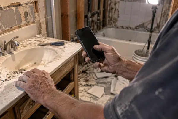 Contractor checking a slow website on a phone during a bathroom demolition