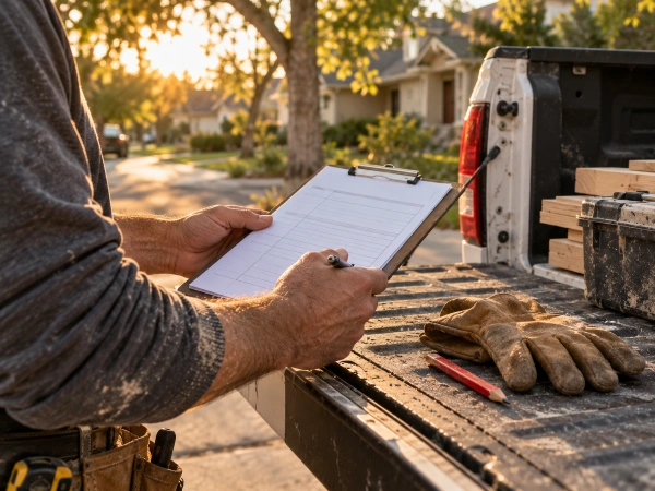 Google Ads For Remodelers: How To Book $50K+ Projects, Not $800 Repairs 5 Contractor holding a checklist at a work truck tailgate on a residential street