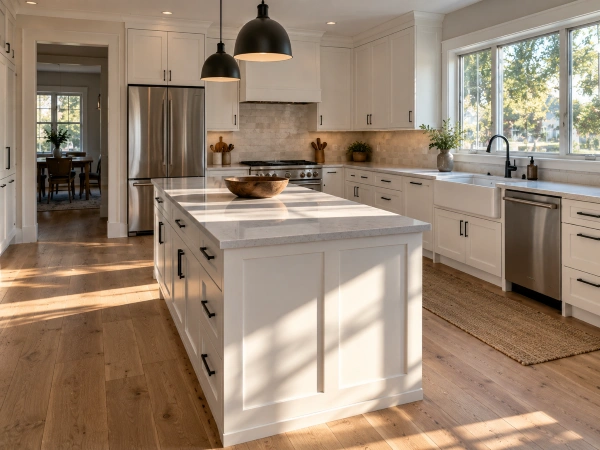 Finished kitchen remodel with white shaker cabinets and quartz countertops
