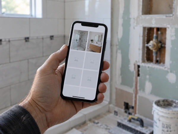 Slow remodeling website photo gallery half loaded on a phone in an unfinished bathroom