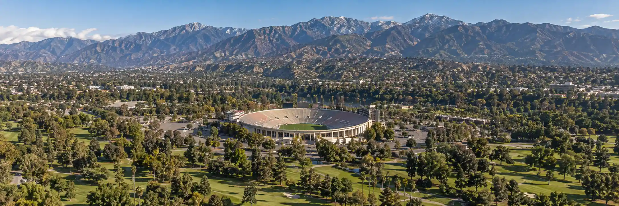 Aerial view of the Rose Bowl Stadium and San Gabriel Mountains, Pasadena, CA