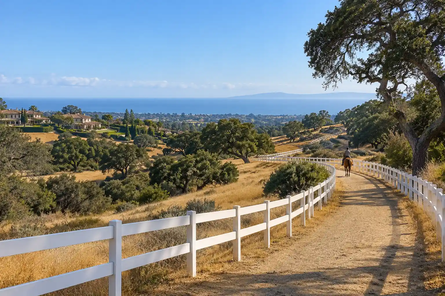Bridle trail with white 3-rail fence and a distant rider in Rolling Hills, CA