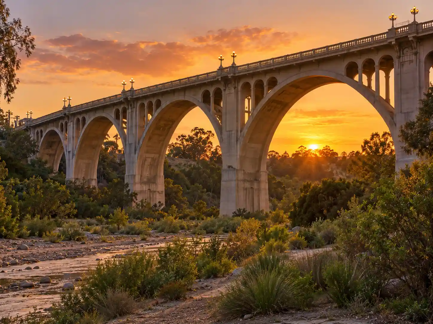 Colorado Street Bridge arches over the Arroyo Seco at sunset, Pasadena, CA
