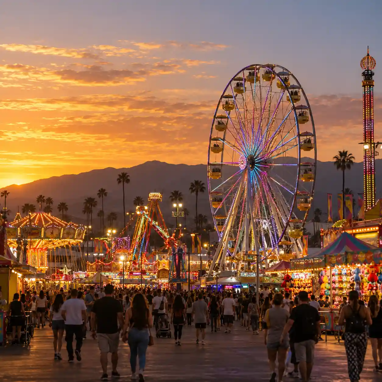 Ferris wheel and midway at the LA County Fair at Fairplex in Pomona, CA