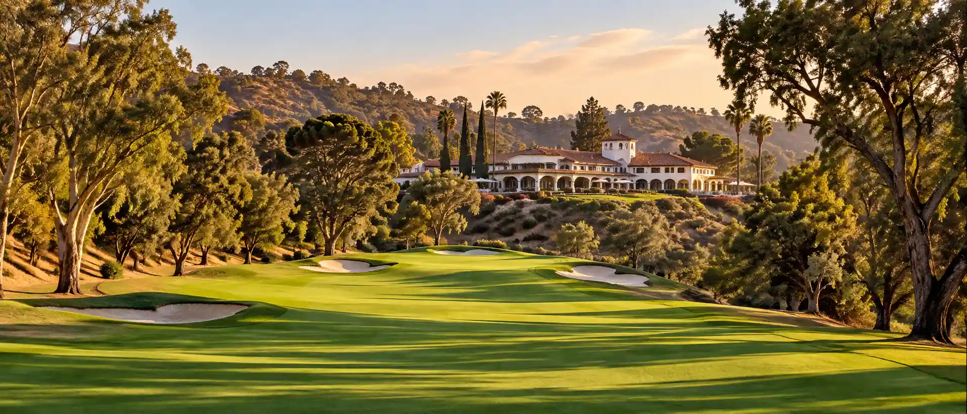Fairway and Spanish-style clubhouse at Hacienda Golf Club on East Road, La Habra Heights, CA