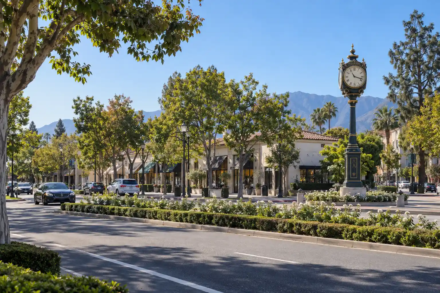 Huntington Drive and the Centennial Clock near City Hall, San Marino, CA