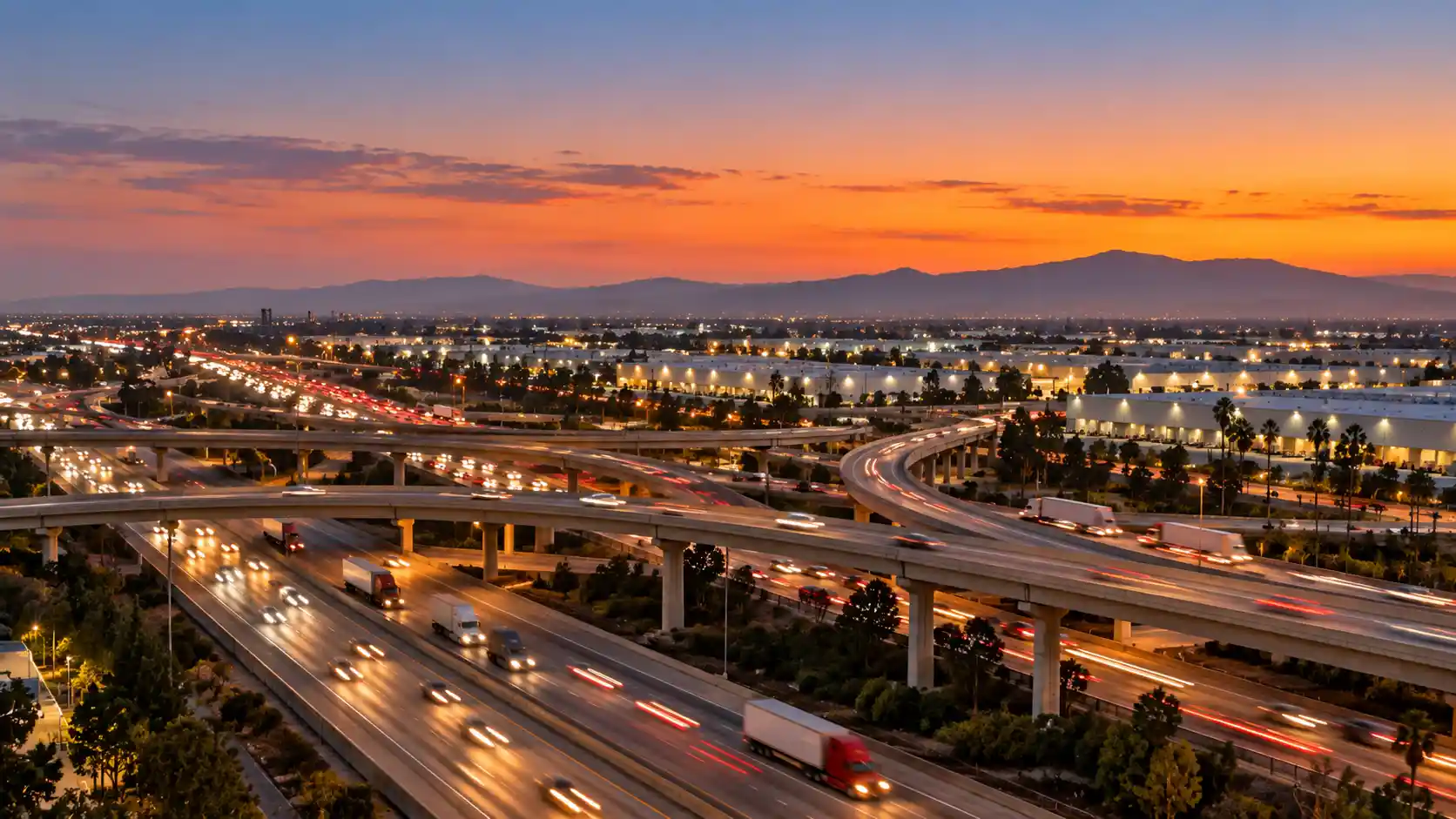 I-5 and I-605 freeway interchange near Santa Fe Springs, CA at dusk