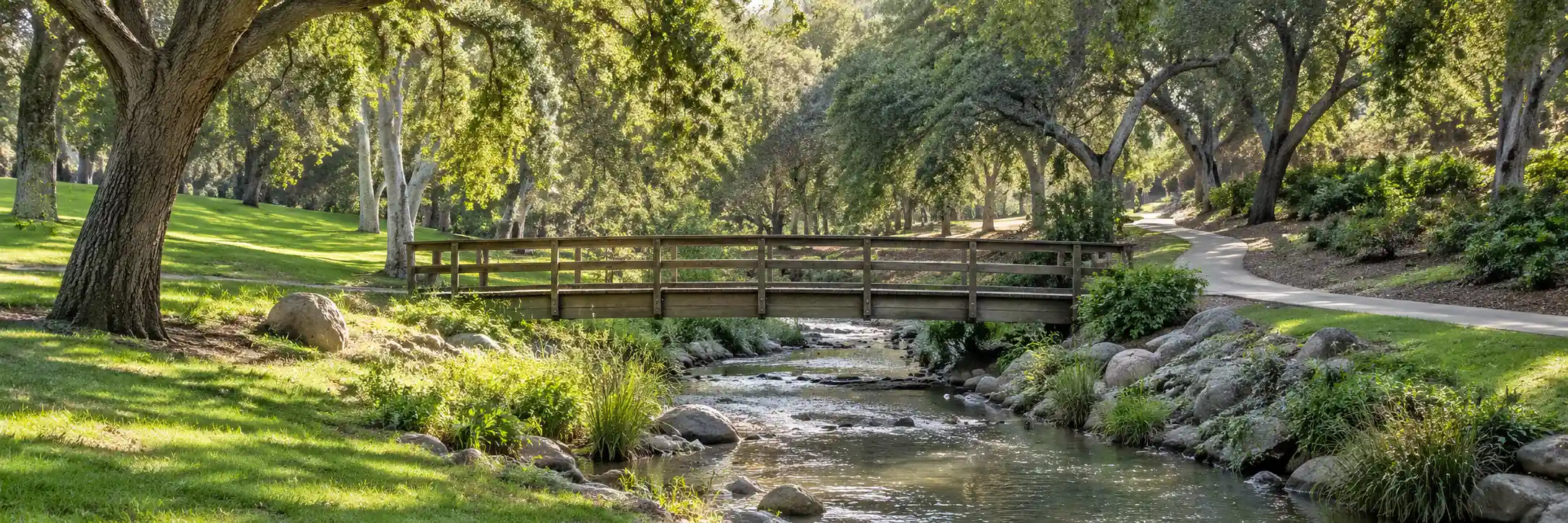 Wooden footbridge over the creek in La Mirada Creek Park, La Mirada, California
