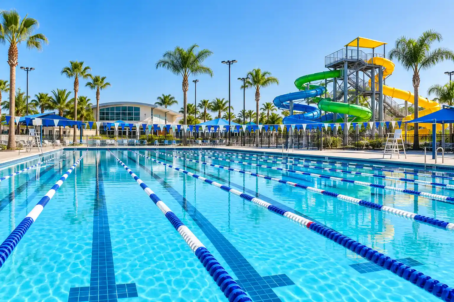Lap pool and water slides at Splash! La Mirada Regional Aquatics Center, La Mirada, California